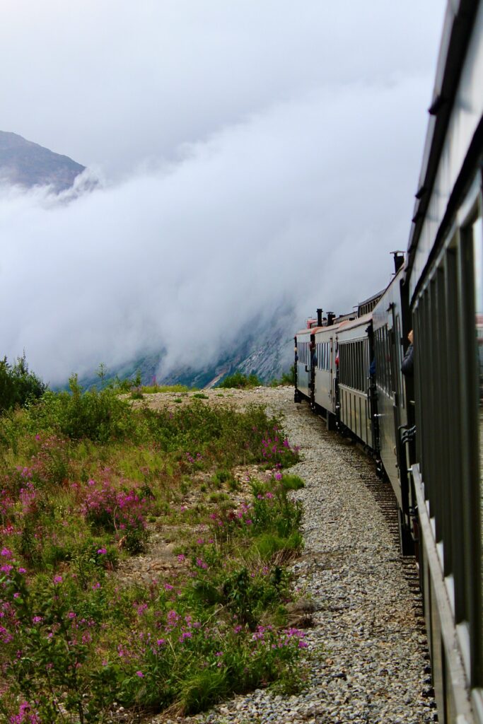Scenic rail tracks winding through mountains and open fields.